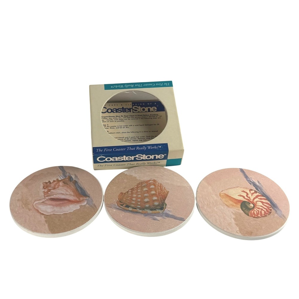 Vintage CoasterStone 3 Pc Sandstone Coaster Set Seashell Nautical Beach House 4"